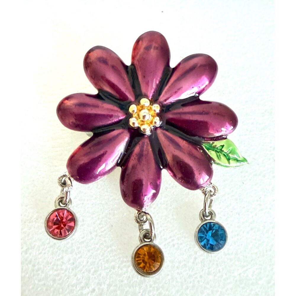 Vintage 1980s Danecraft Enamel Flower Brooch Pin Dangle Rhinestones Statement Je